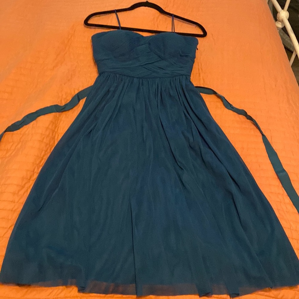 Hitherto Cocktail Dress. Teal. Size 6. Strapless. Ribbon as belt (detachable).